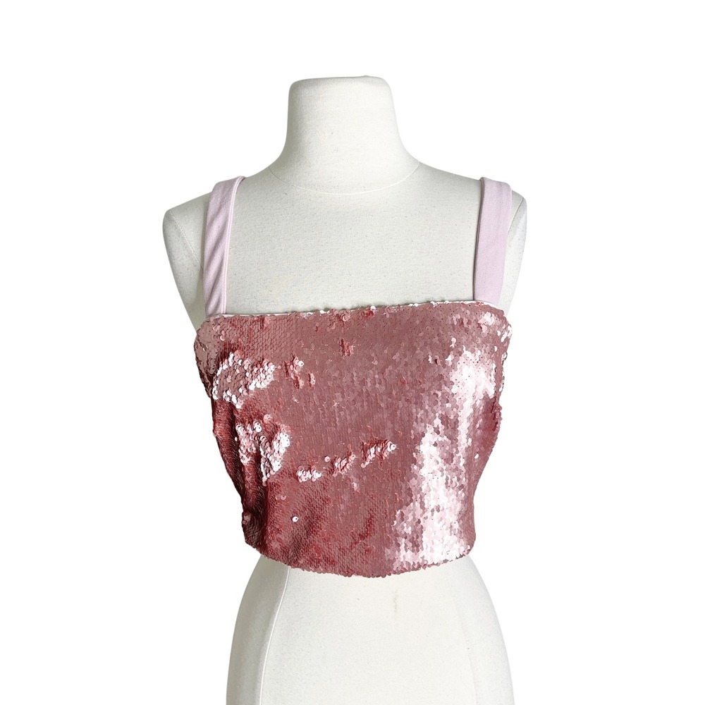 NBD Pink Sequin Crop Top Womens Small Square Neck Rose Gold Party Tank Zipper